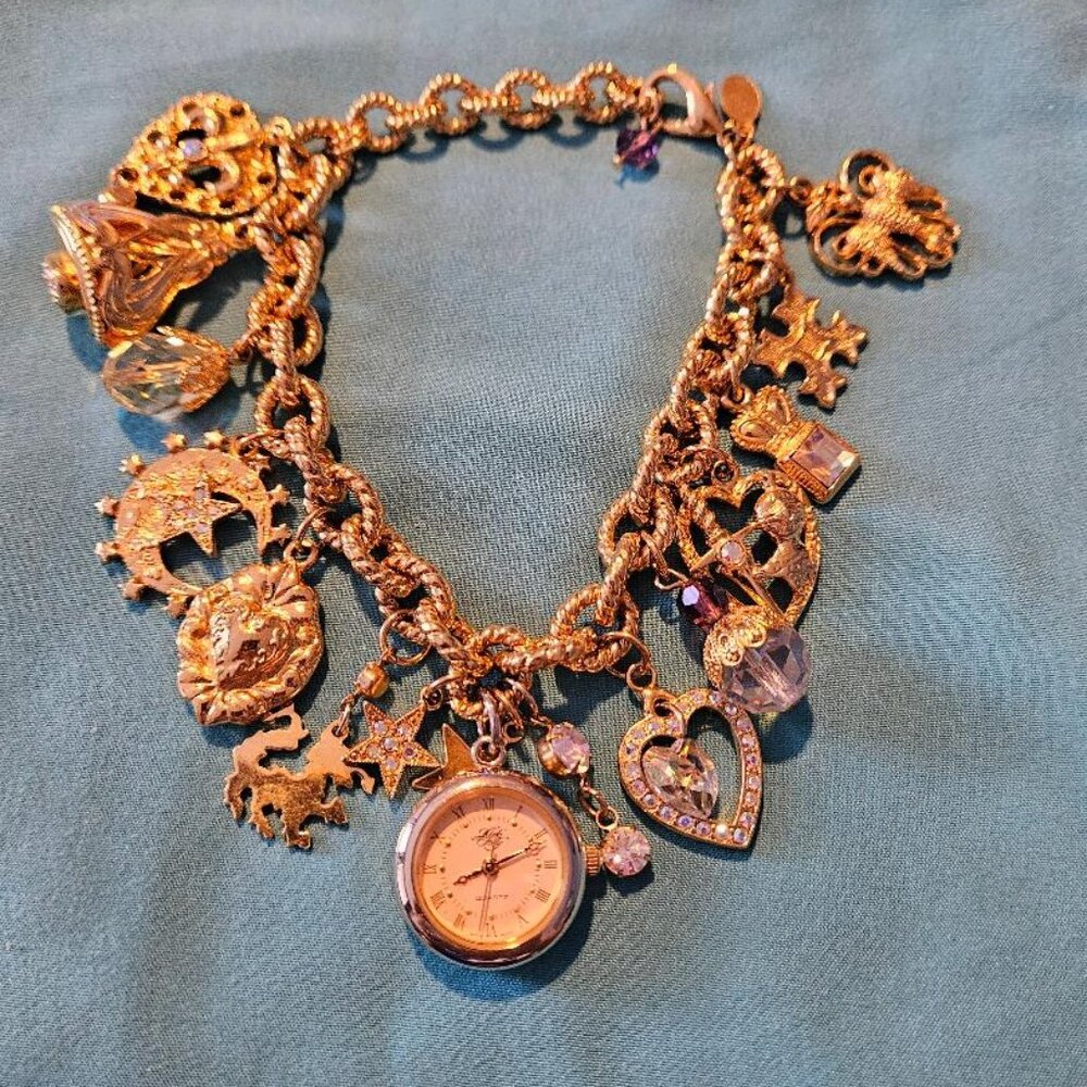 Rare Kirk Folly Charm Bracelet Watch Heart Moon Star Cross Crystal Gold Tone/C-1
